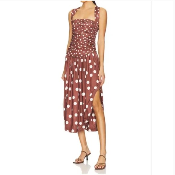 Free People Raylon In Chocolate Combo Polka Dot Midi Dress size L - Picture 1 of 9
